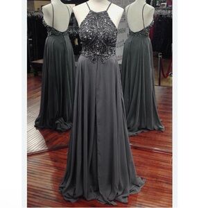 Blondie Nites New w $169 Tags Dusty Blue Gray Maxi Formal Prom Gown Dress XS